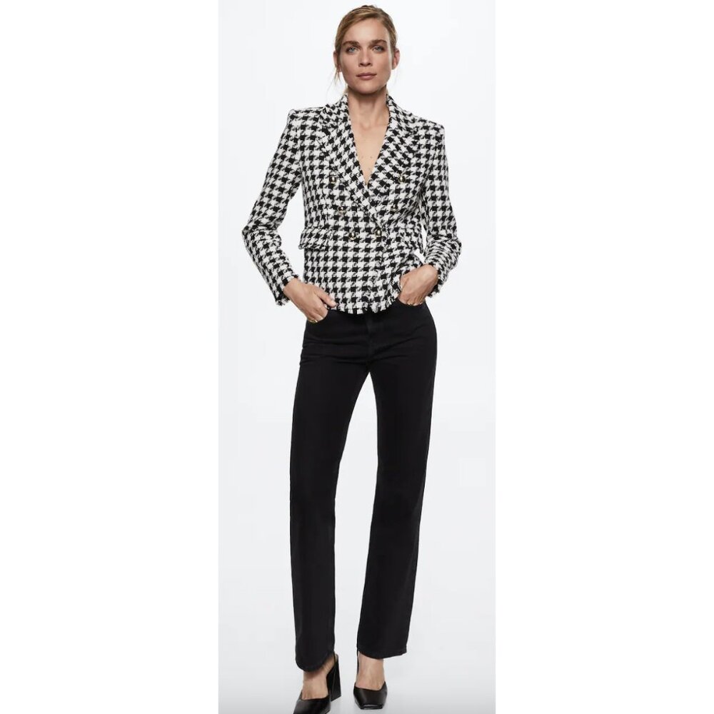 MANGO Houndstooth Wool Blend Frayed Hem Blazer Academia Black White - Size S NWT - Picture 2 of 14